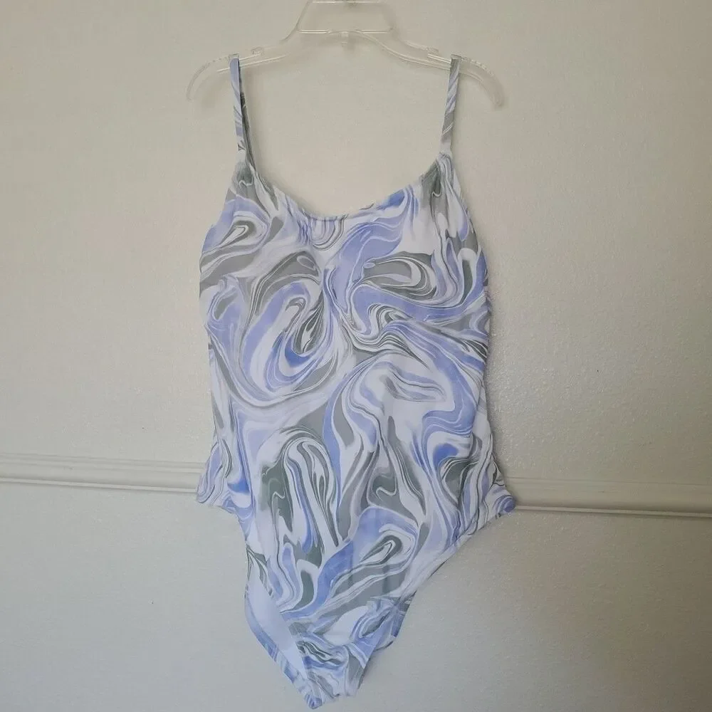 Hurley Womens XXL Marble Swirl One Piece Swimsuit Blue White Strappy Back XXL